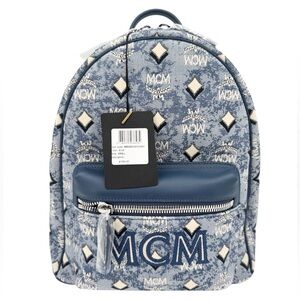 MCM New With Tags Logo Monogrammed Jacquard & Leather Blue Backpack